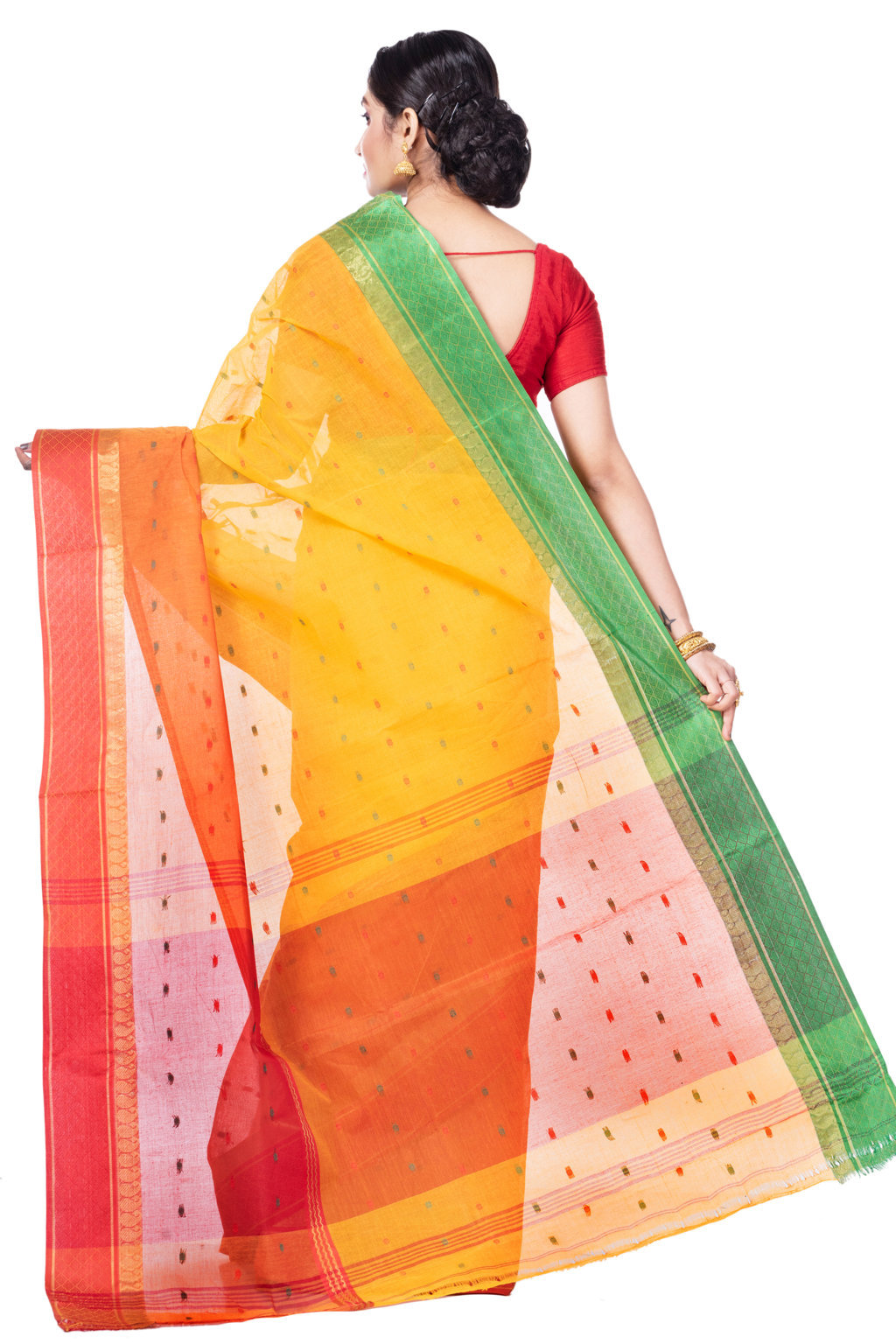 Yellow Pure Cotton Ganga Jamuna_Buti Tant Saree (650)